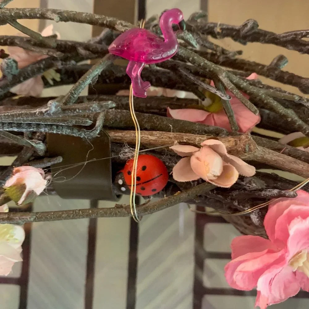 Cheery Grapevine Wreath with Pink Cherry Blossoms and Flamingo Lights